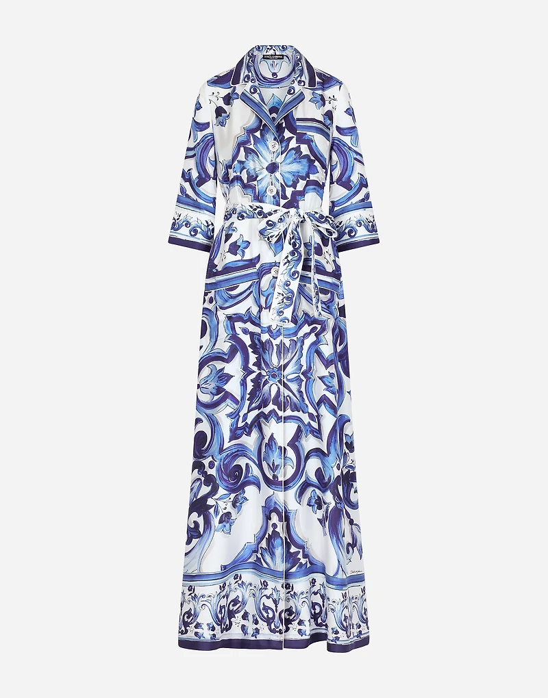 Long majolica-print twill shirt dress