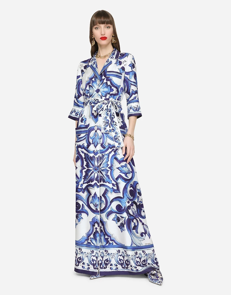 Long majolica-print twill shirt dress