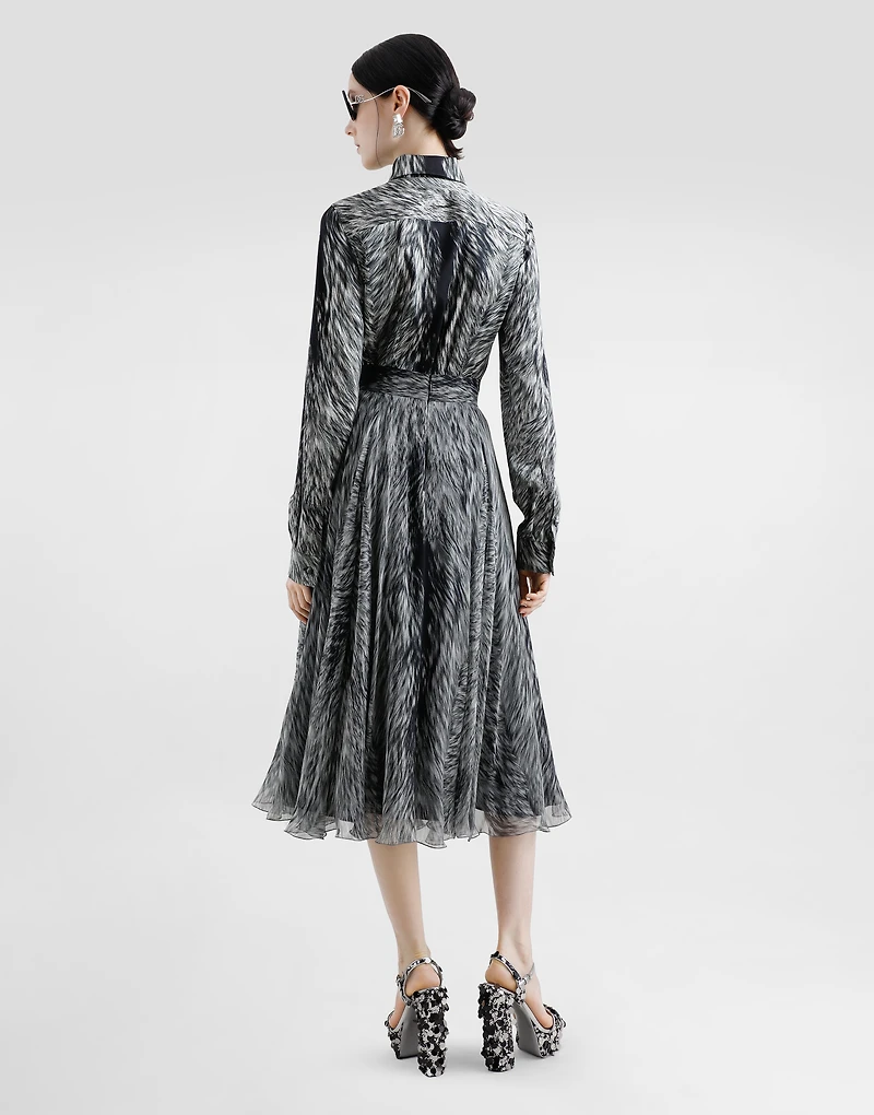 Chiffon calf-length circle skirt with fur print
