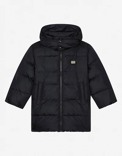 Long nylon down jacket with Dolce&Gabbana print and branded tag