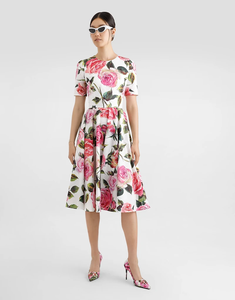 Cotton calf-length babydoll dress with rose print