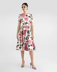 Cotton calf-length babydoll dress with rose print