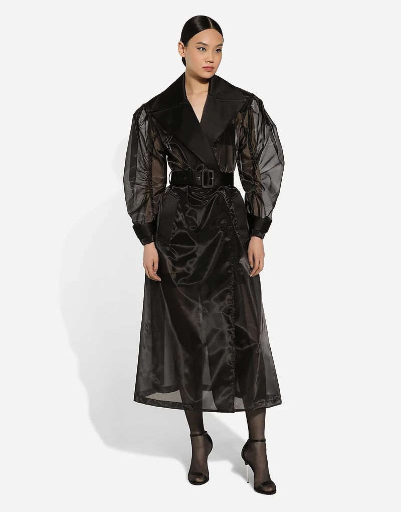 Technical organza trench coat with gathered sleeves