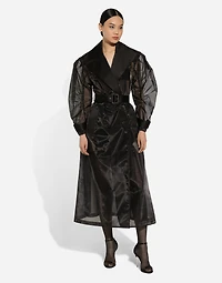 Technical organza trench coat with gathered sleeves