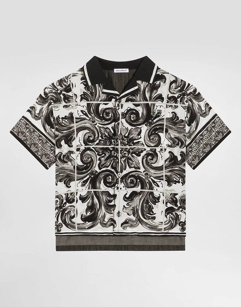 Majolica-print short-sleeved denim shirt