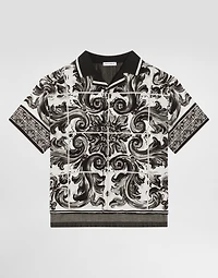 Majolica-print short-sleeved denim shirt