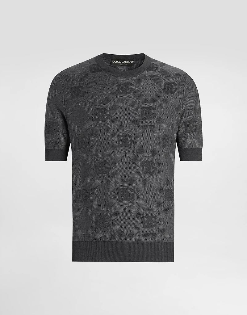 Silk round-neck sweater with jacquard logo