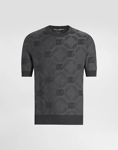 Silk round-neck sweater with jacquard logo