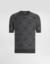 Silk round-neck sweater with jacquard logo
