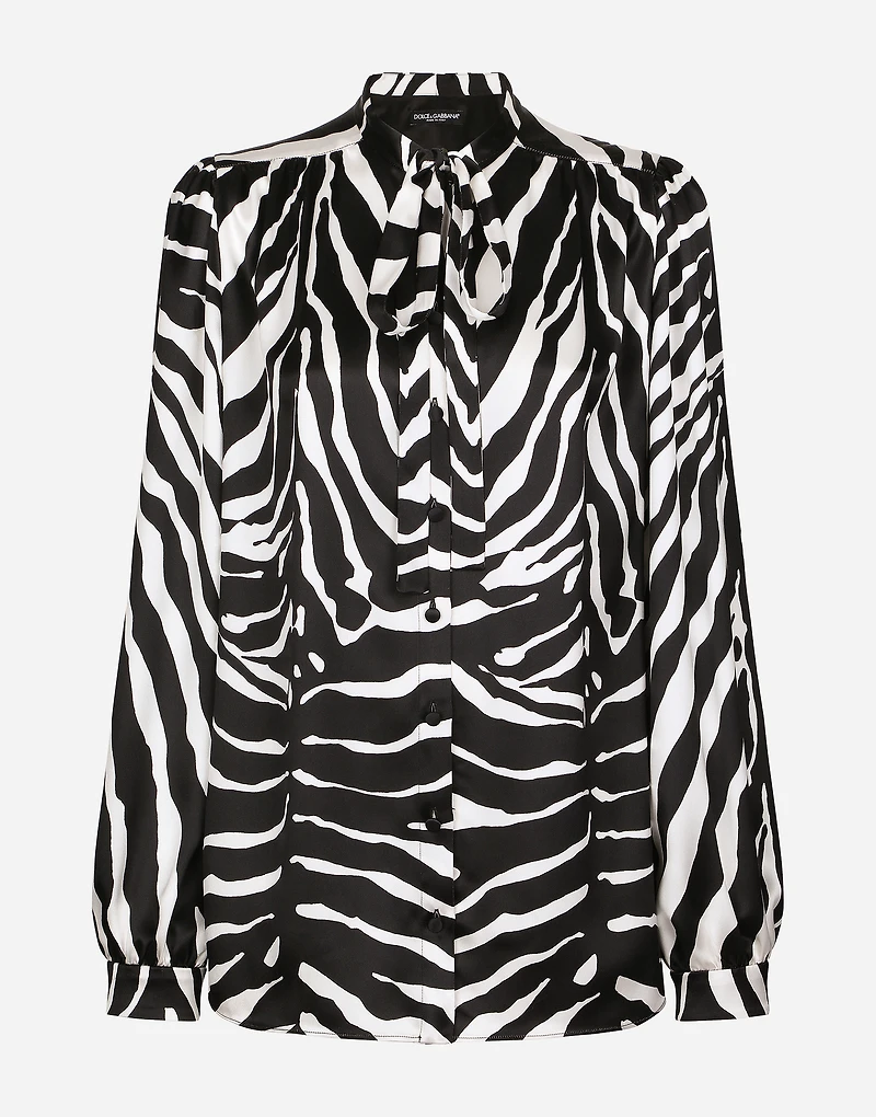 Zebra-print satin pussy-bow shirt