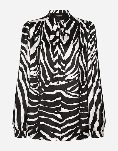 Zebra-print satin pussy-bow shirt