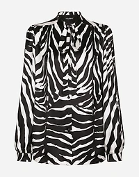 Zebra-print satin pussy-bow shirt