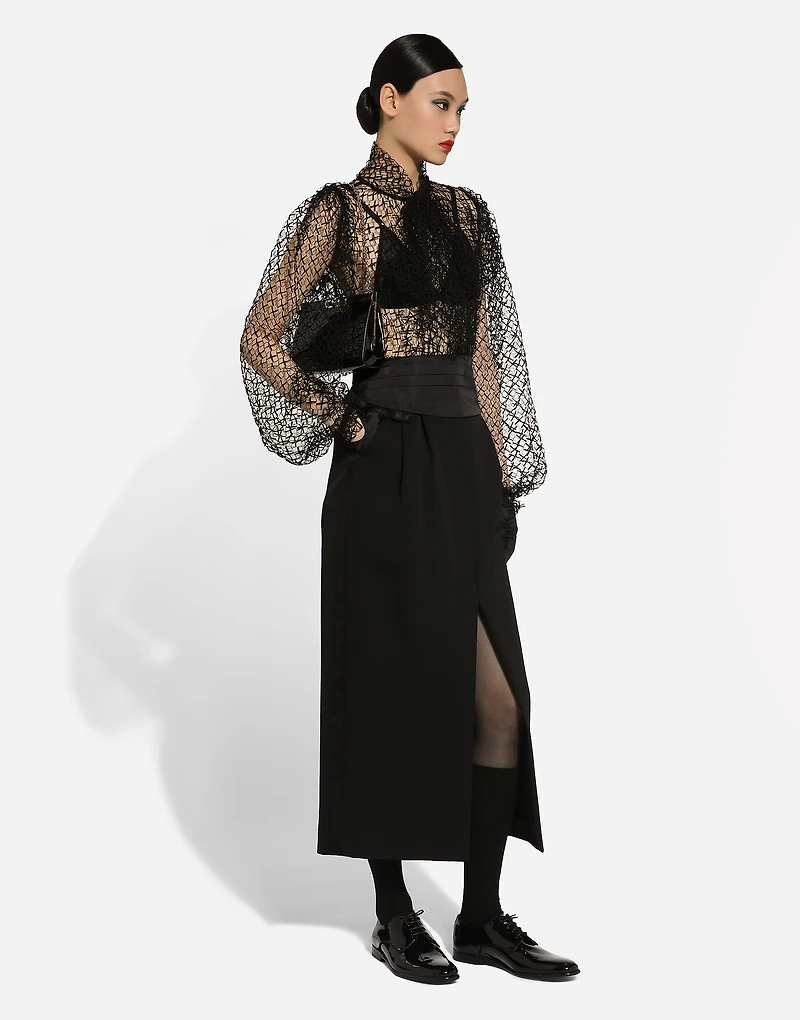 Wool gabardine calf-length tuxedo pencil skirt
