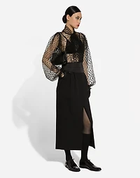 Wool gabardine calf-length tuxedo pencil skirt
