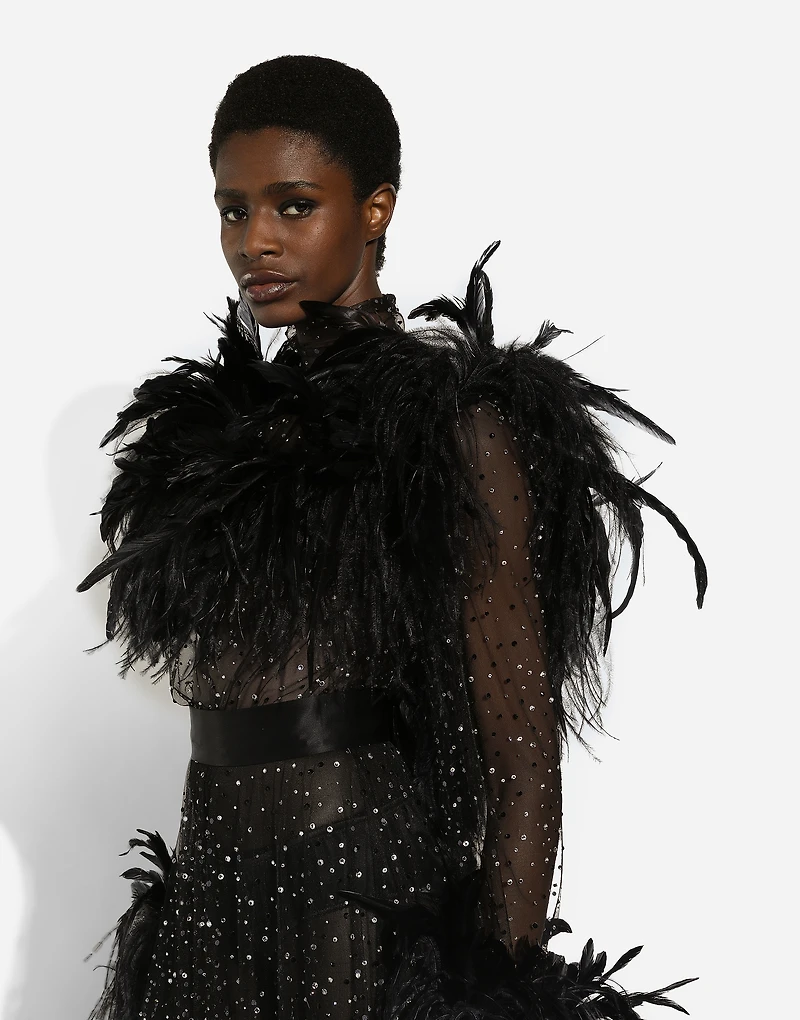 Calf-length stretch tulle dress with fusible rhinestones and rooster ostrich feather embellishment