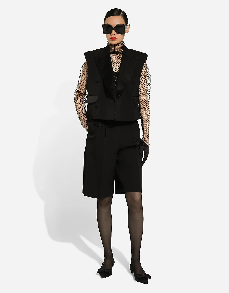 Sleeveless double-breasted wool gabardine tuxedo jacket