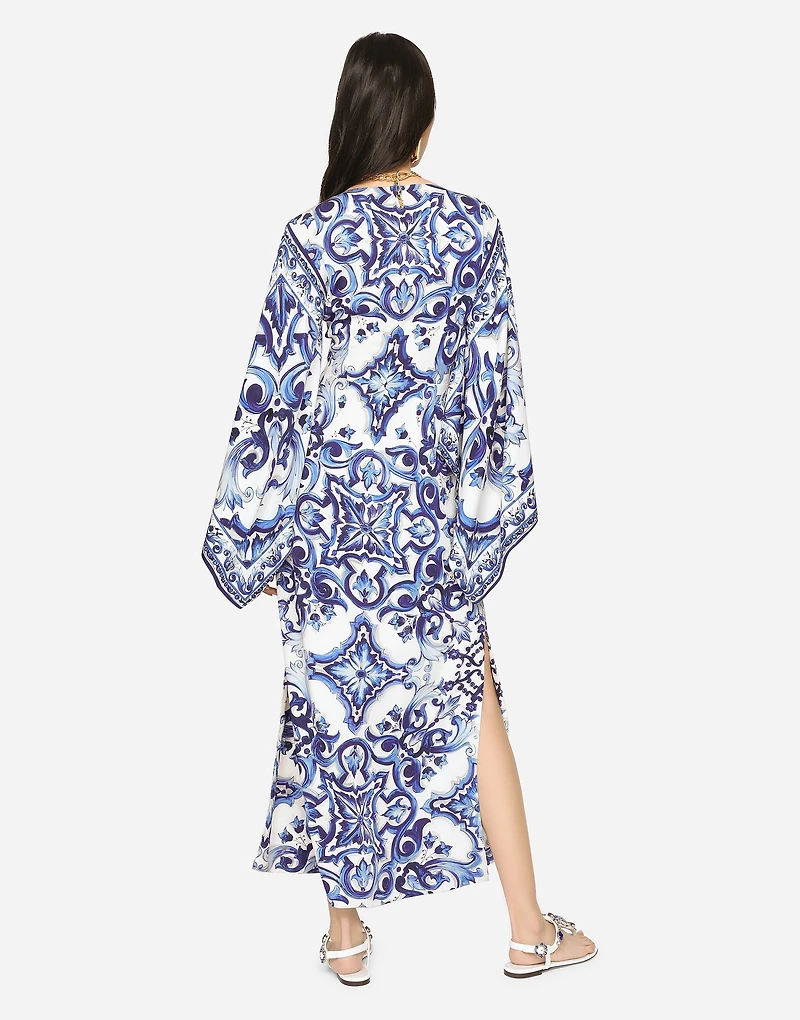 Long majolica-print charmeuse dress