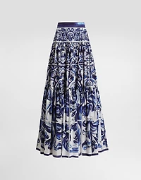 Majolica-print long poplin skirt