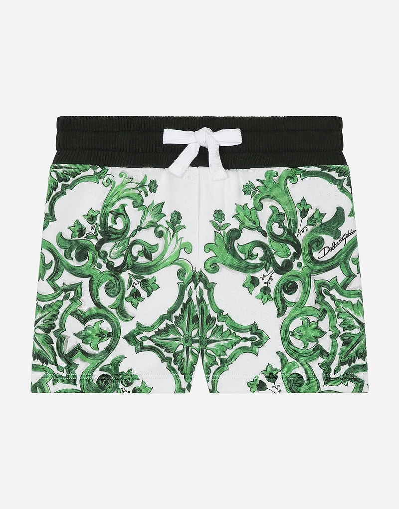 Jersey shorts with green majolica print