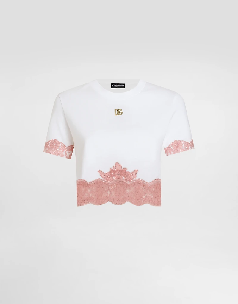 Cropped jersey T-shirt with DG logo and lace inserts