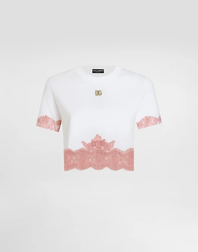Cropped jersey T-shirt with DG logo and lace inserts