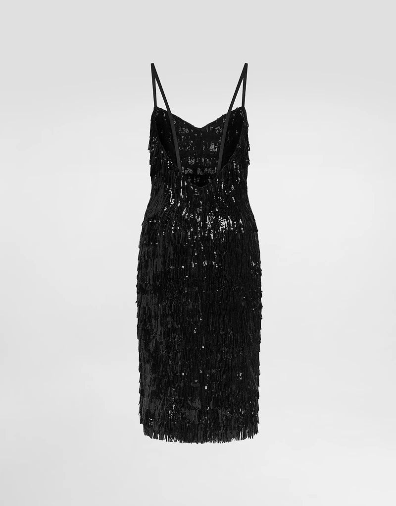 Calf-length slip dress with sequined fringing