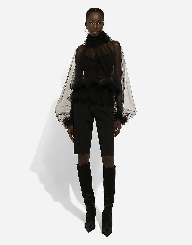 Tulle blouse with ruffles on the neck and cuffs