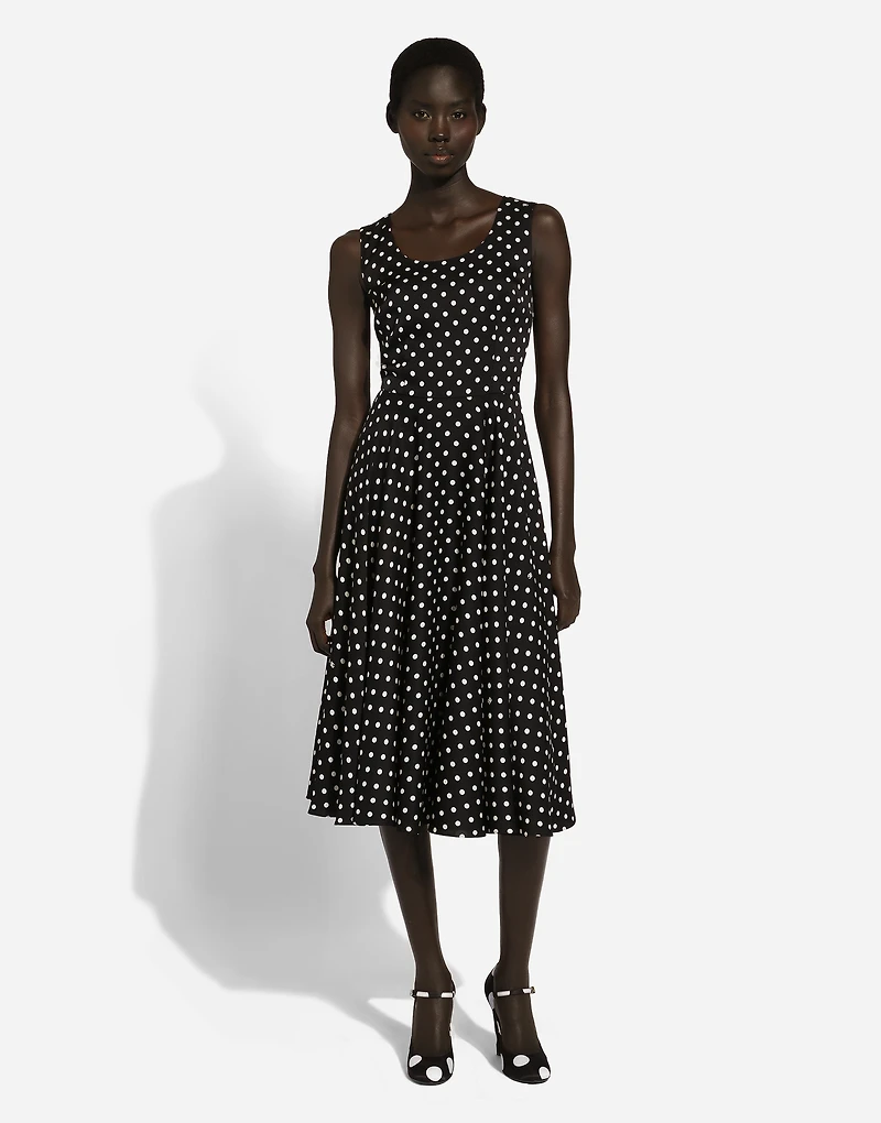 Silk charmeuse calf-length circle-skirt dress with polka-dot print