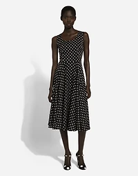 Silk charmeuse calf-length circle-skirt dress with polka-dot print