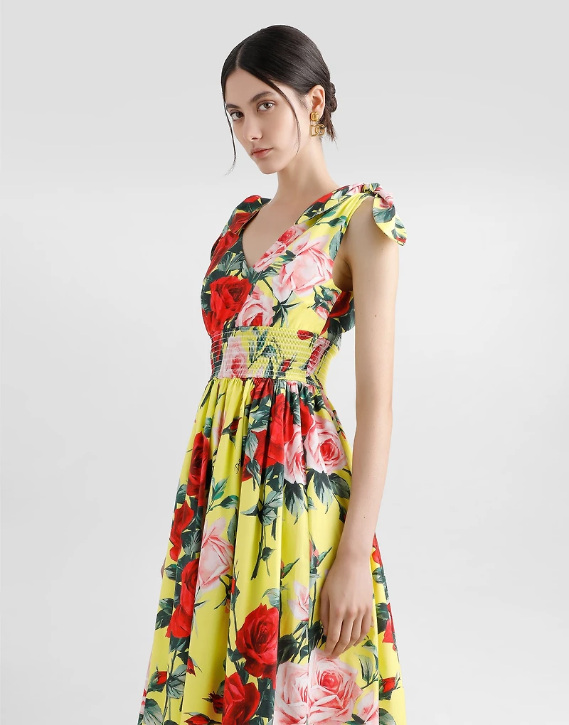 Cotton midi dress with bouquet print and tie details