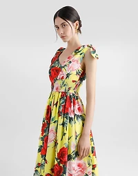 Cotton midi dress with bouquet print and tie details