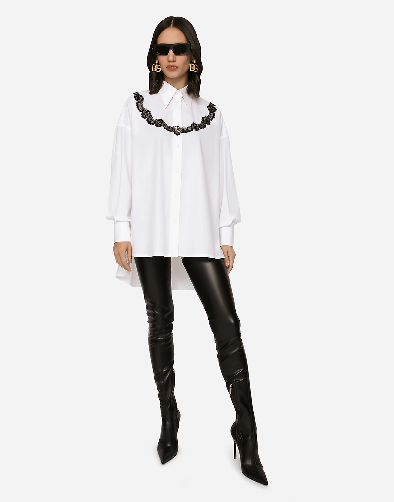 Oversize poplin shirt with lace inserts