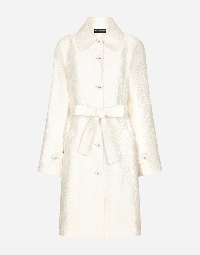 Belted floral jacquard coat