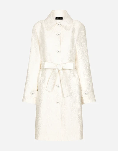 Belted floral jacquard coat