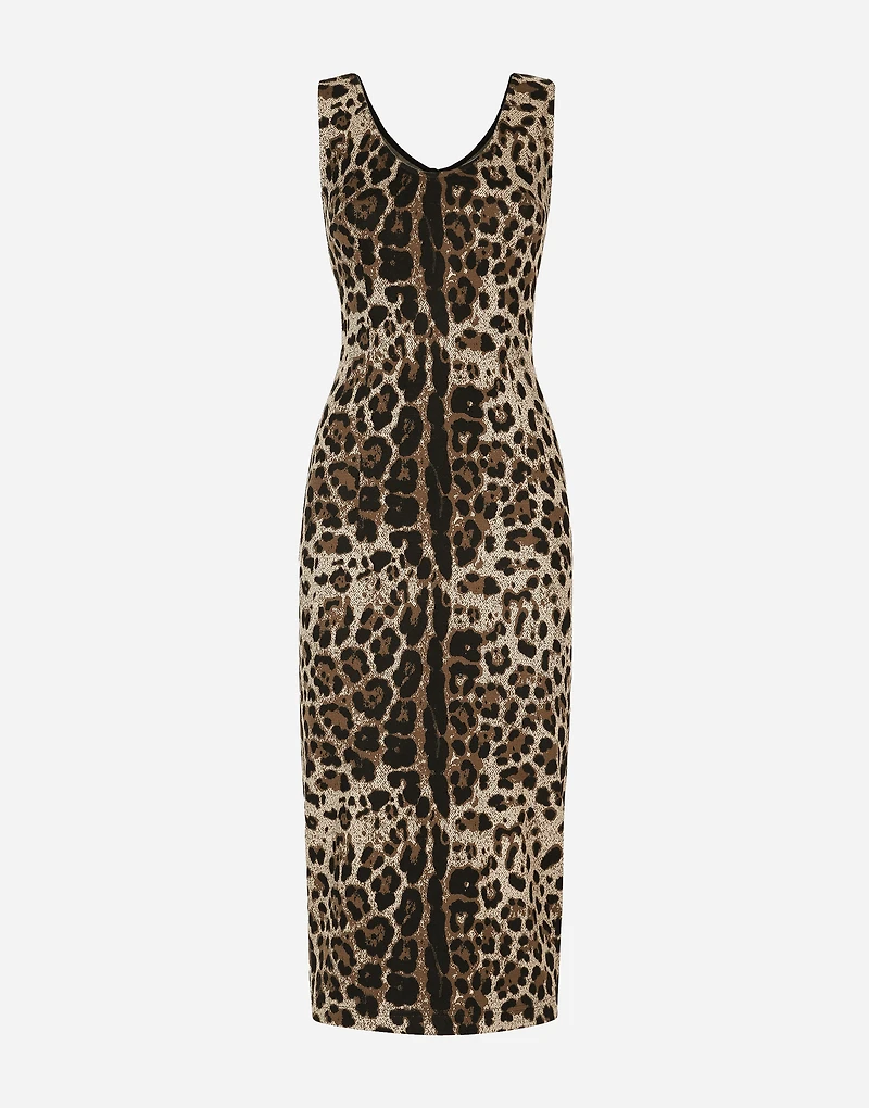 Long jersey dress with jacquard leopard design