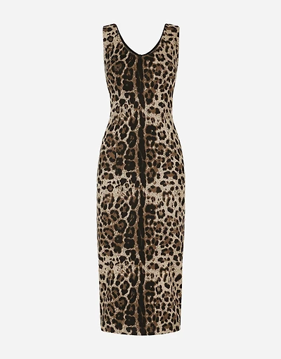 Long jersey dress with jacquard leopard design