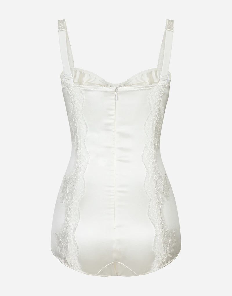 Silk balconette-bra bodysuit with lace detailing