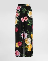 Silk habotai pajama pants with peony and rose print