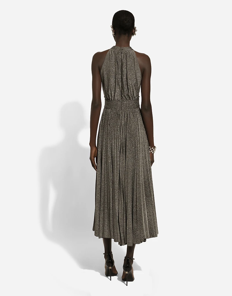 Pleated jersey lurex calf-length dress
