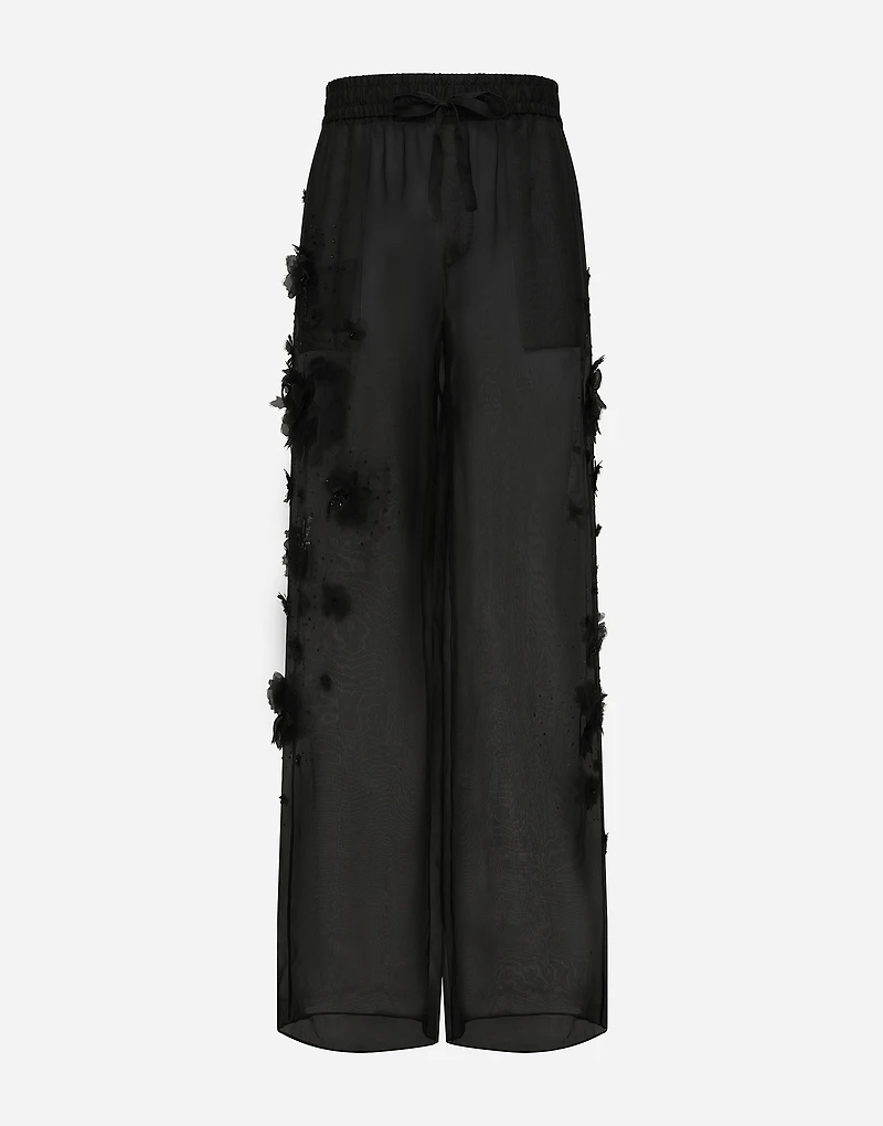 Silk organza jogging pants with embroidery