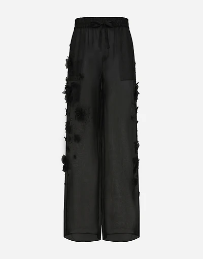 Silk organza jogging pants with embroidery