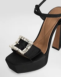 Velvet platform sandals with bejeweled buckle