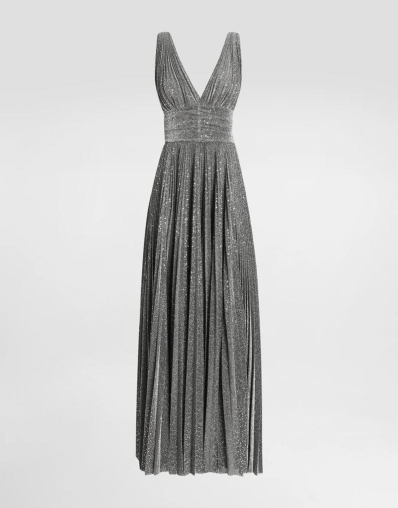 Long pleated dress with micro-sequin embellishment