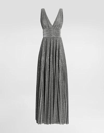 Long pleated dress with micro-sequin embellishment