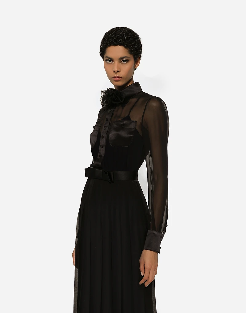 Chiffon calf-length shirt dress with satin details