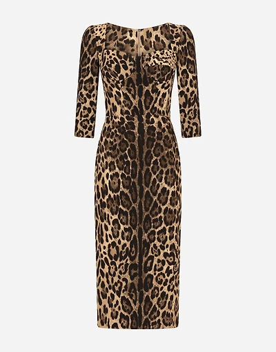 Leopard-print calf-length cady dress