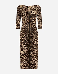Leopard-print calf-length cady dress