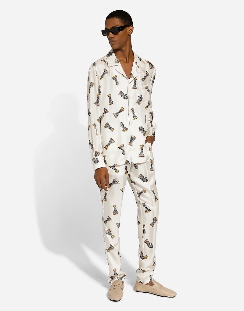 Silk twill shirt with chess-piece print