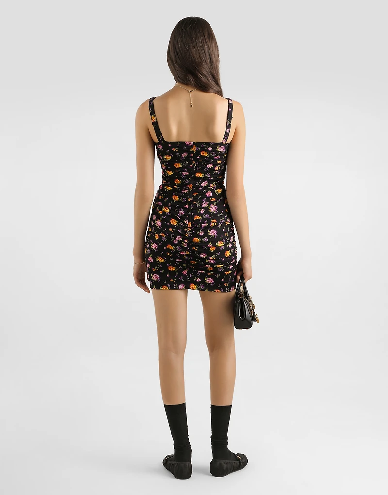 Small rose bouquets-print draped charmeuse dress