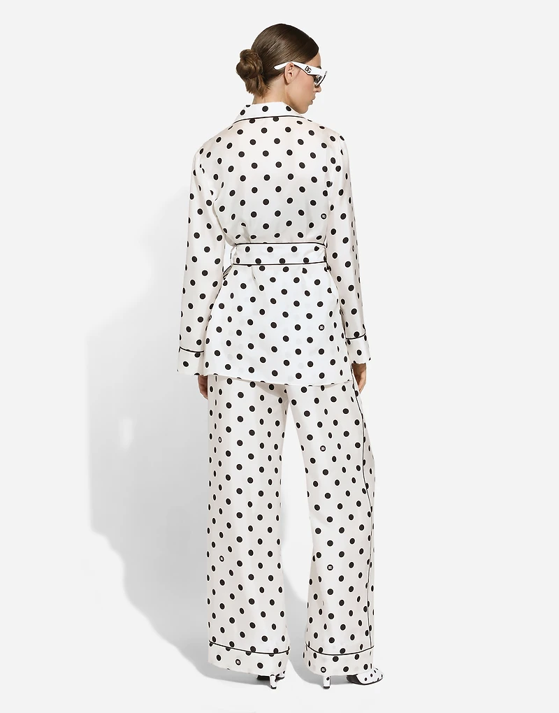 Long-sleeved silk pajama shirt with polka-dot print